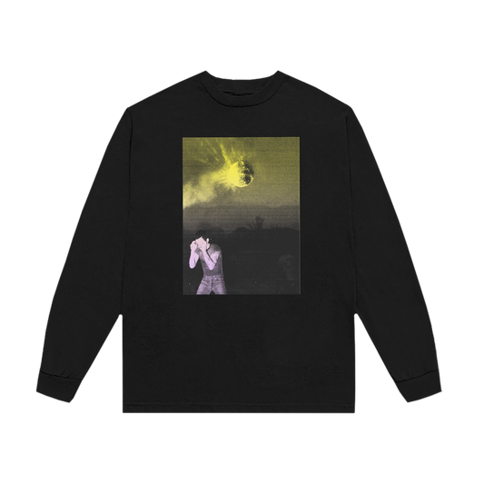 Black long sleeve t shirt from Harry Styles merch featuring surreal disco ball artwork and atmospheric Strange Dawn style photo graphic on front