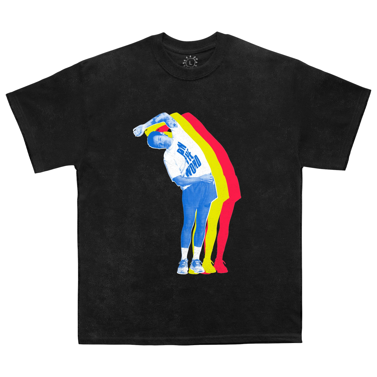 Front view of black Harry Styles Stretch Tee showcasing colorful layered stretch silhouette graphic with blue yellow and red artwork on premium cotton fabric