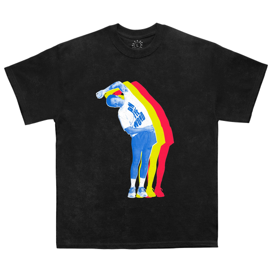 Front view of black Harry Styles Stretch Tee showcasing colorful layered stretch silhouette graphic with blue yellow and red artwork on premium cotton fabric