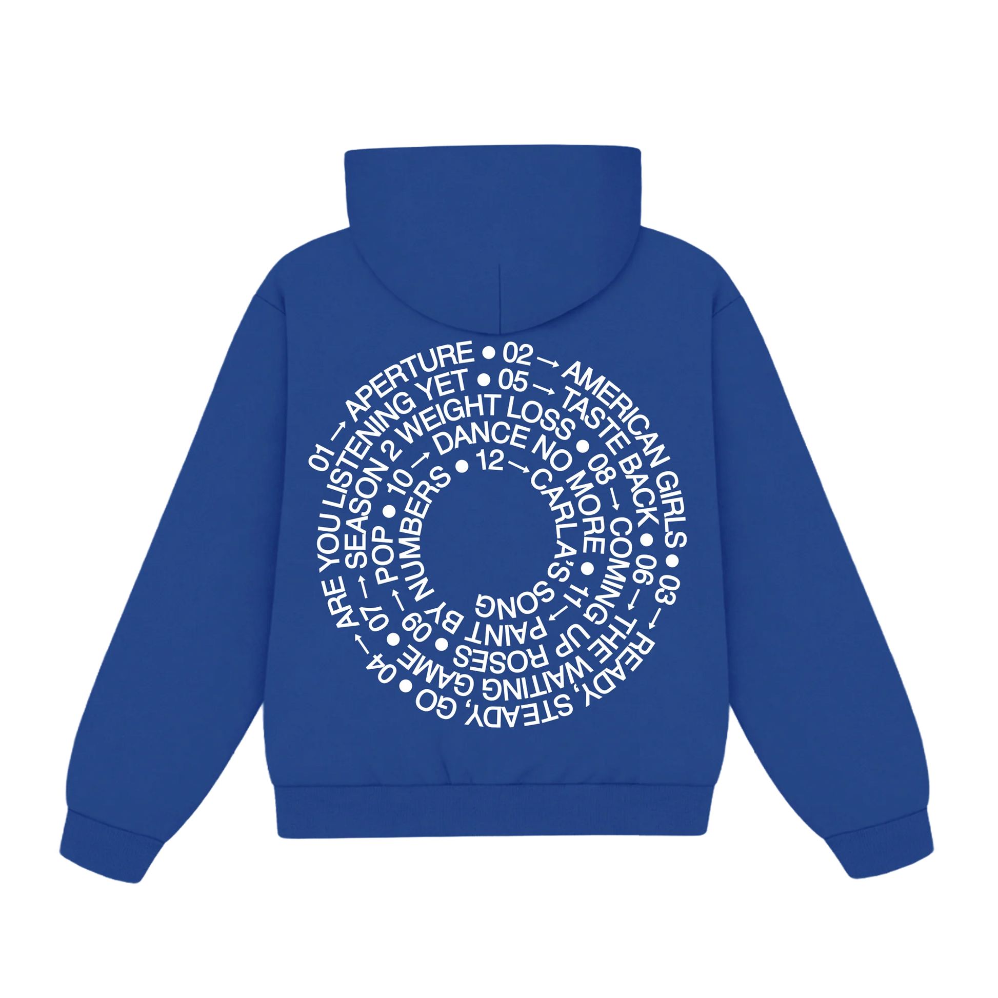 Back view of blue Harry Styles Tracklist Hoodie featuring circular Fine Line tracklist artwork with album song titles printed in bold white graphic design