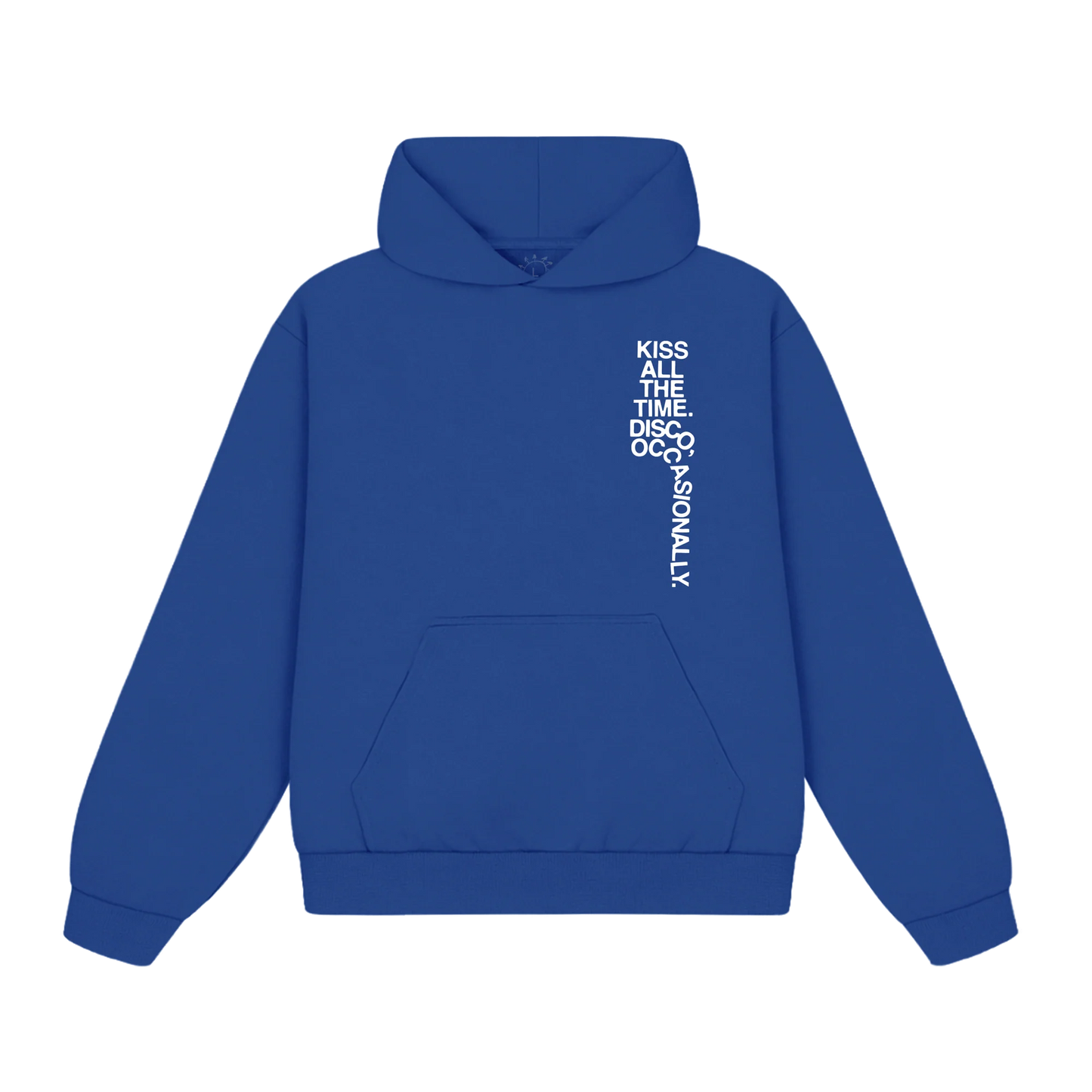Front view of blue Harry Styles Tracklist Hoodie featuring Kiss All The Time Disco Occasionally chest graphic, kangaroo pocket, and relaxed oversized fit