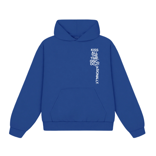 Front view of blue Harry Styles Tracklist Hoodie featuring Kiss All The Time Disco Occasionally chest graphic, kangaroo pocket, and relaxed oversized fit