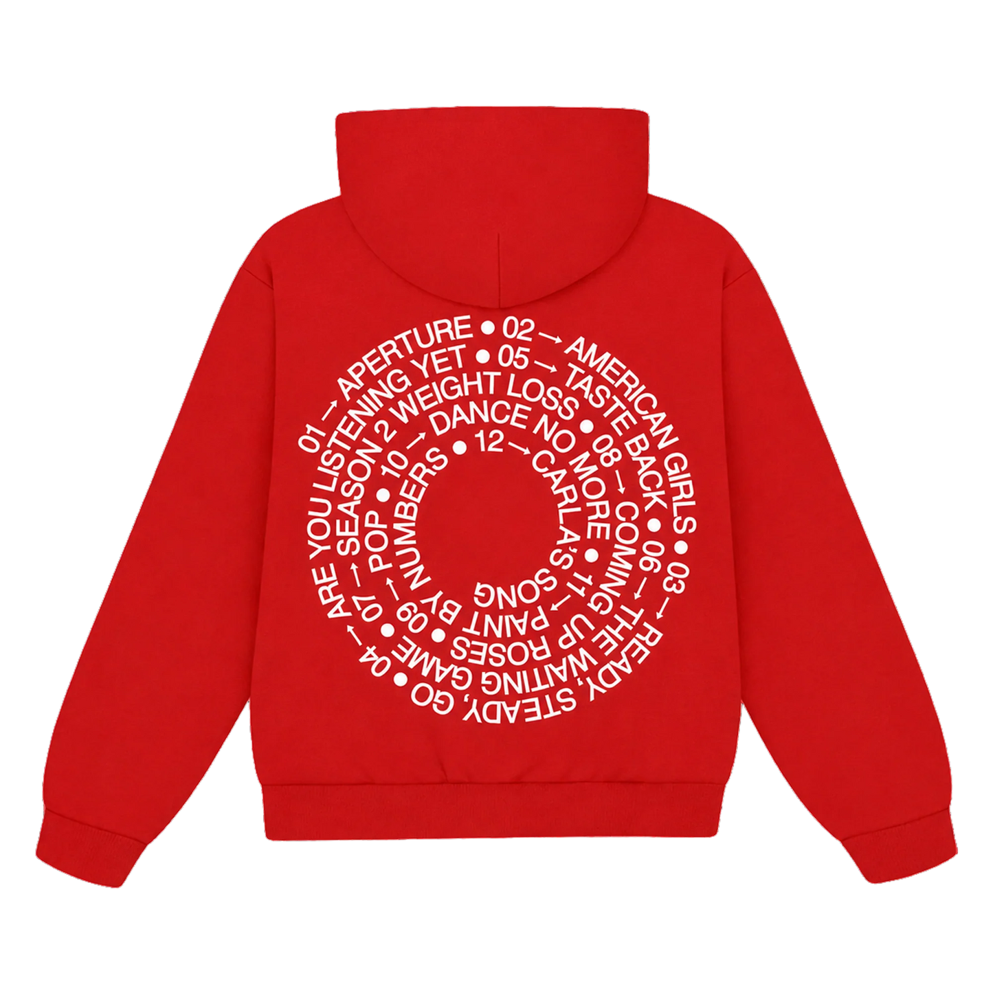 Back view of red Harry Styles Tracklist Hoodie showcasing Kiss All The Time Disco Occasionally album tracklist spiral design with bold white graphic print