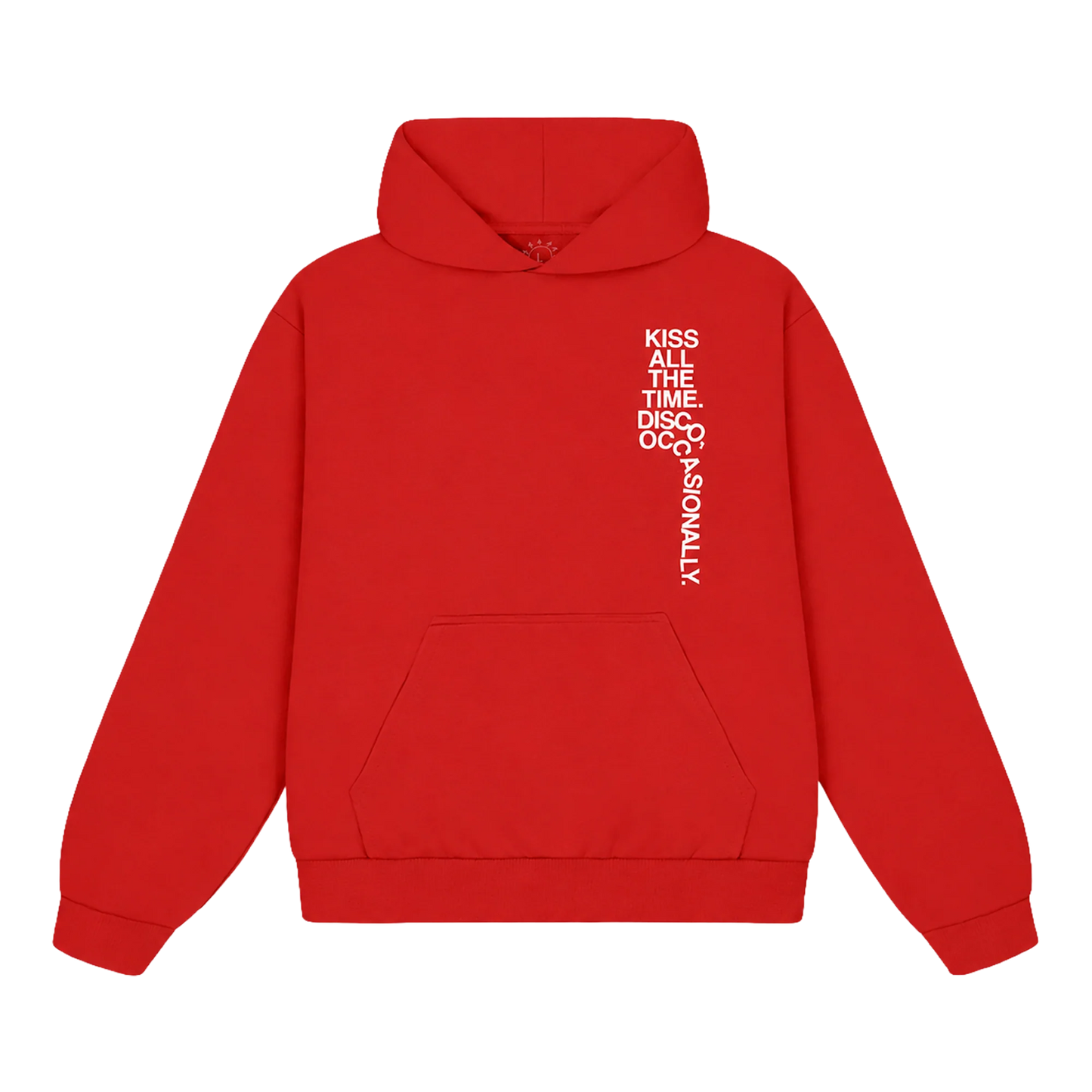 Red Harry Styles Tracklist Hoodie featuring Kiss All The Time Disco Occasionally artwork on front with album tracklist spiral graphic on back and premium pullover fit