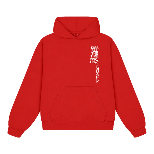 Red Harry Styles Tracklist Hoodie featuring Kiss All The Time Disco Occasionally artwork on front with album tracklist spiral graphic on back and premium pullover fit