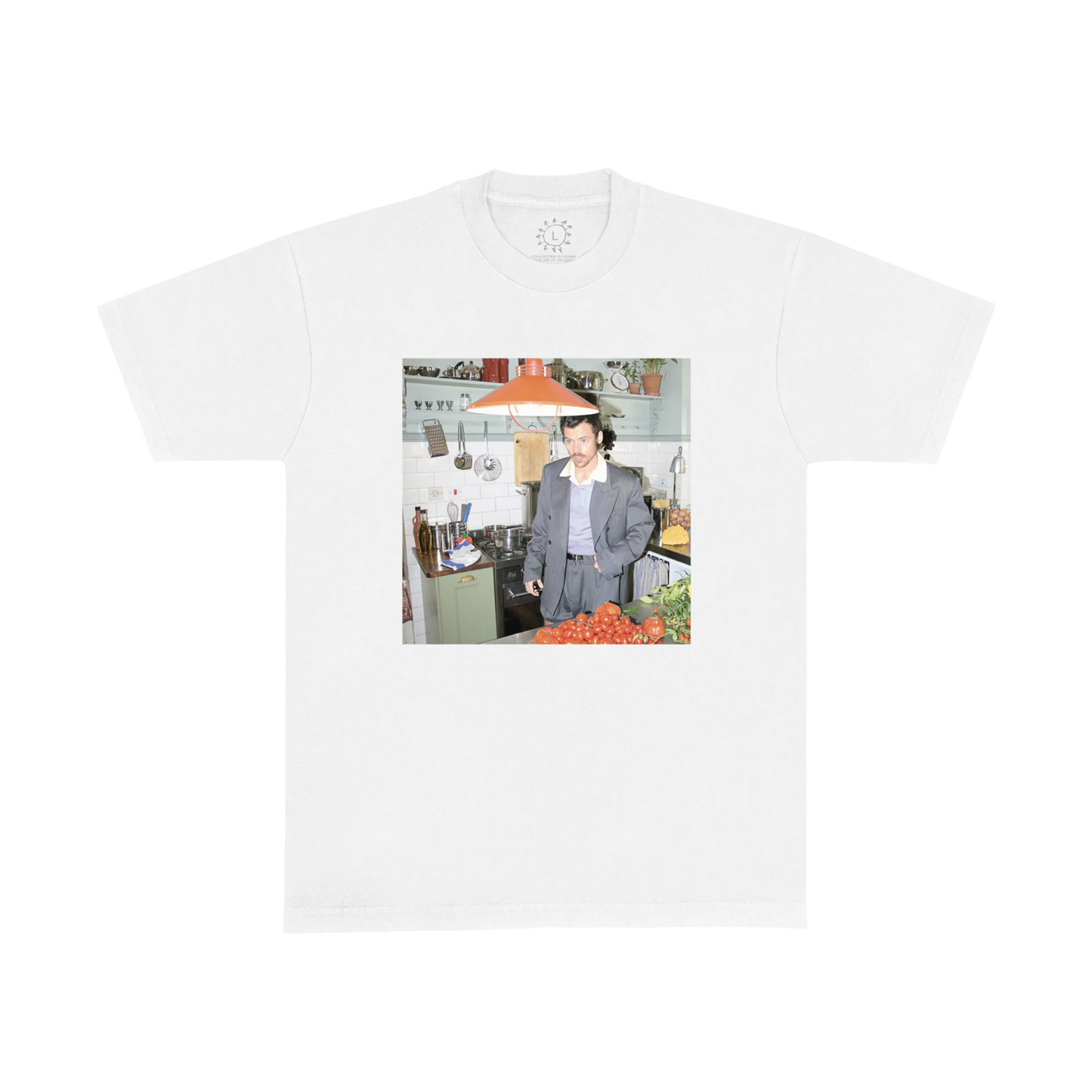 White Harry Styles t shirt featuring candid kitchen photo graphic with tomatoes and vintage home aesthetic inspired by Harry’s House era