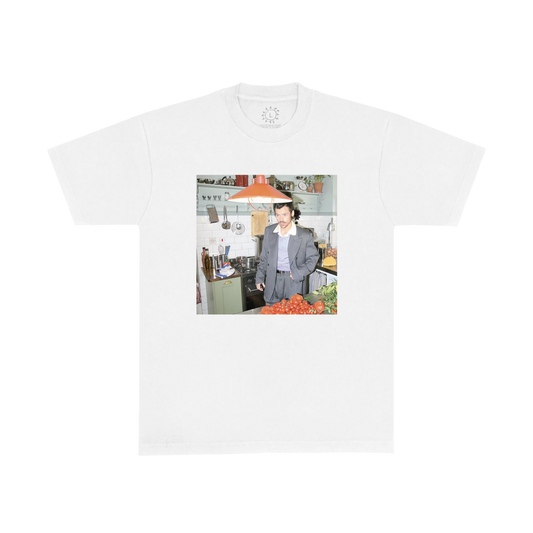 White Harry Styles t shirt featuring candid kitchen photo graphic with tomatoes and vintage home aesthetic inspired by Harry’s House era